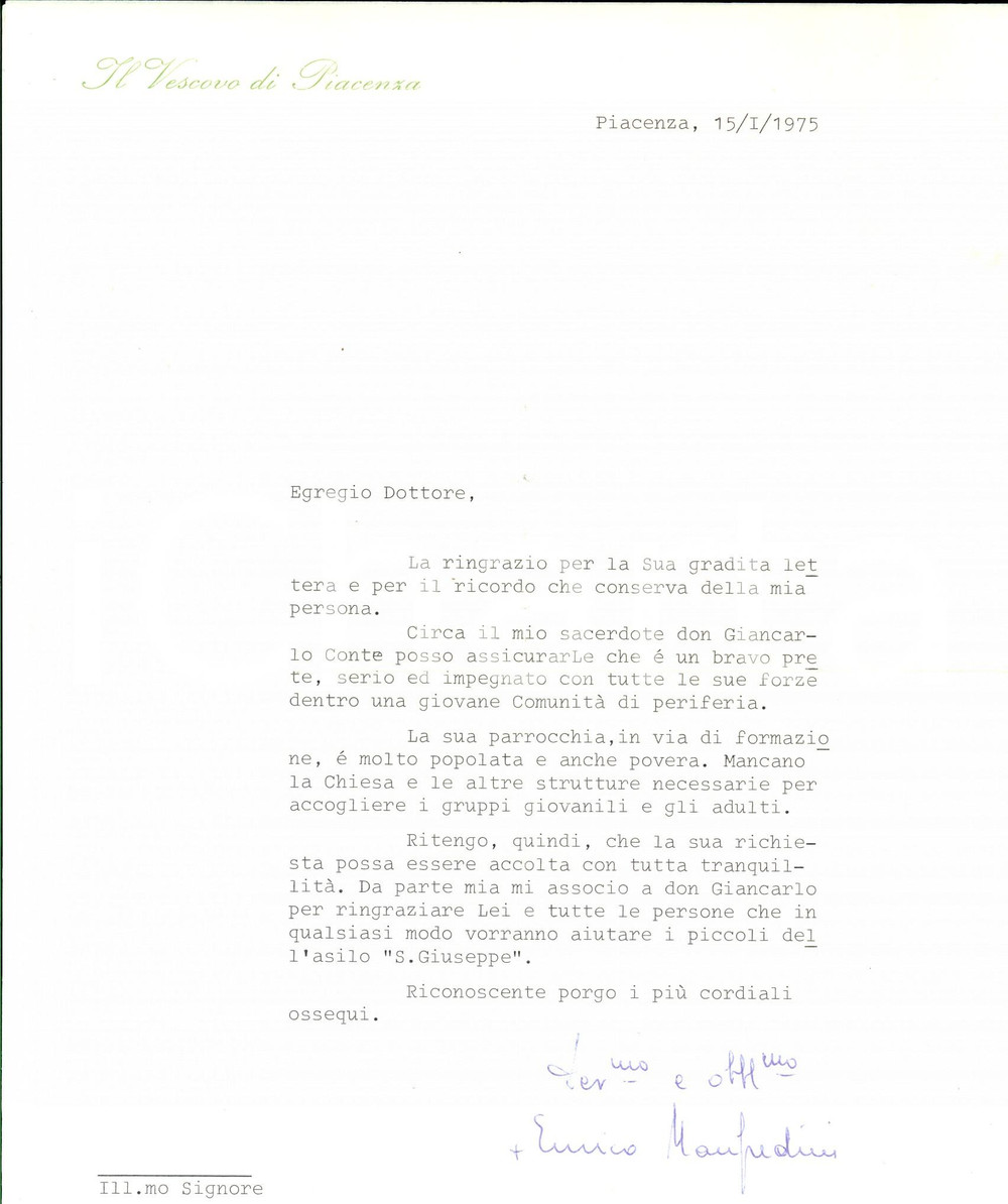 1975 PIACENZA Mons. Enrico MANFREDINI - Lettera ringraziamento AUTOGRAFO