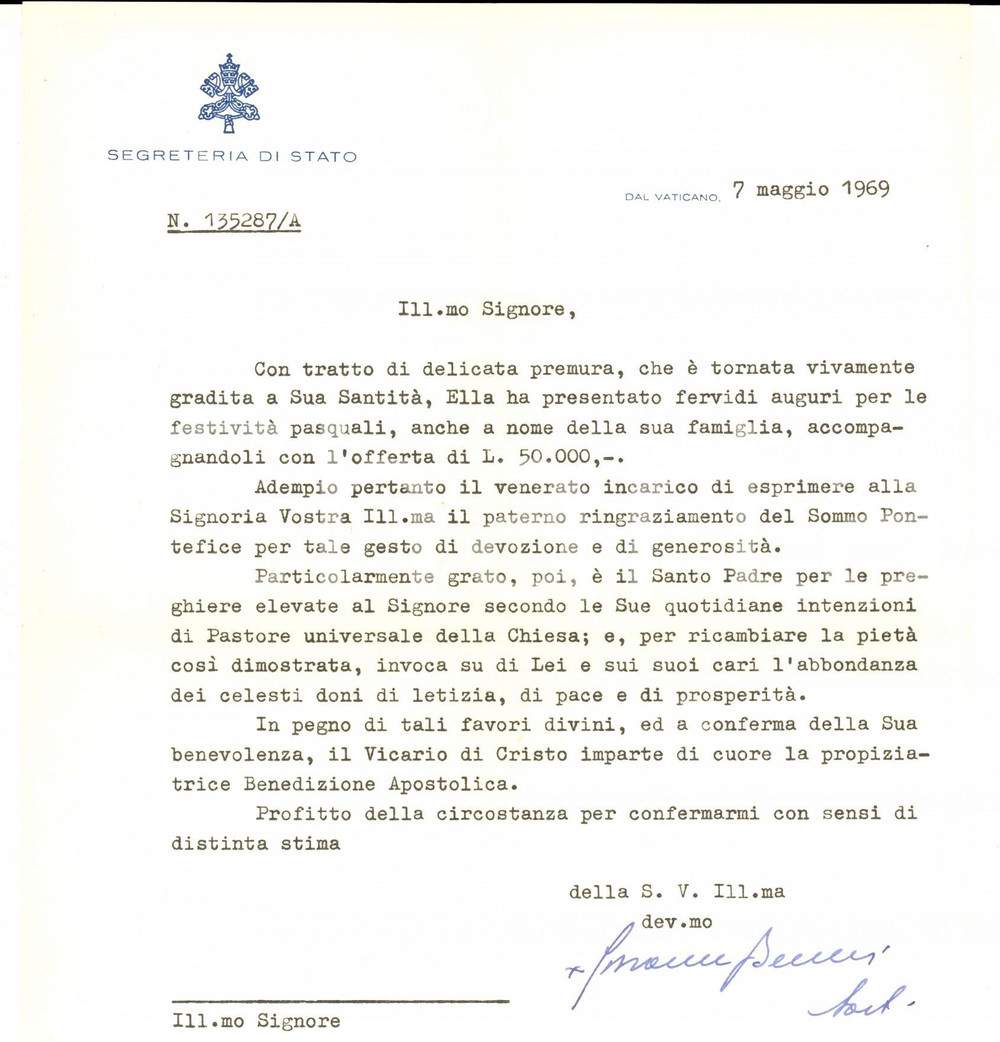 1969 VATICANO Mons. Giovanni BENELLI - Lettera ringraziamento AUTOGRAFO