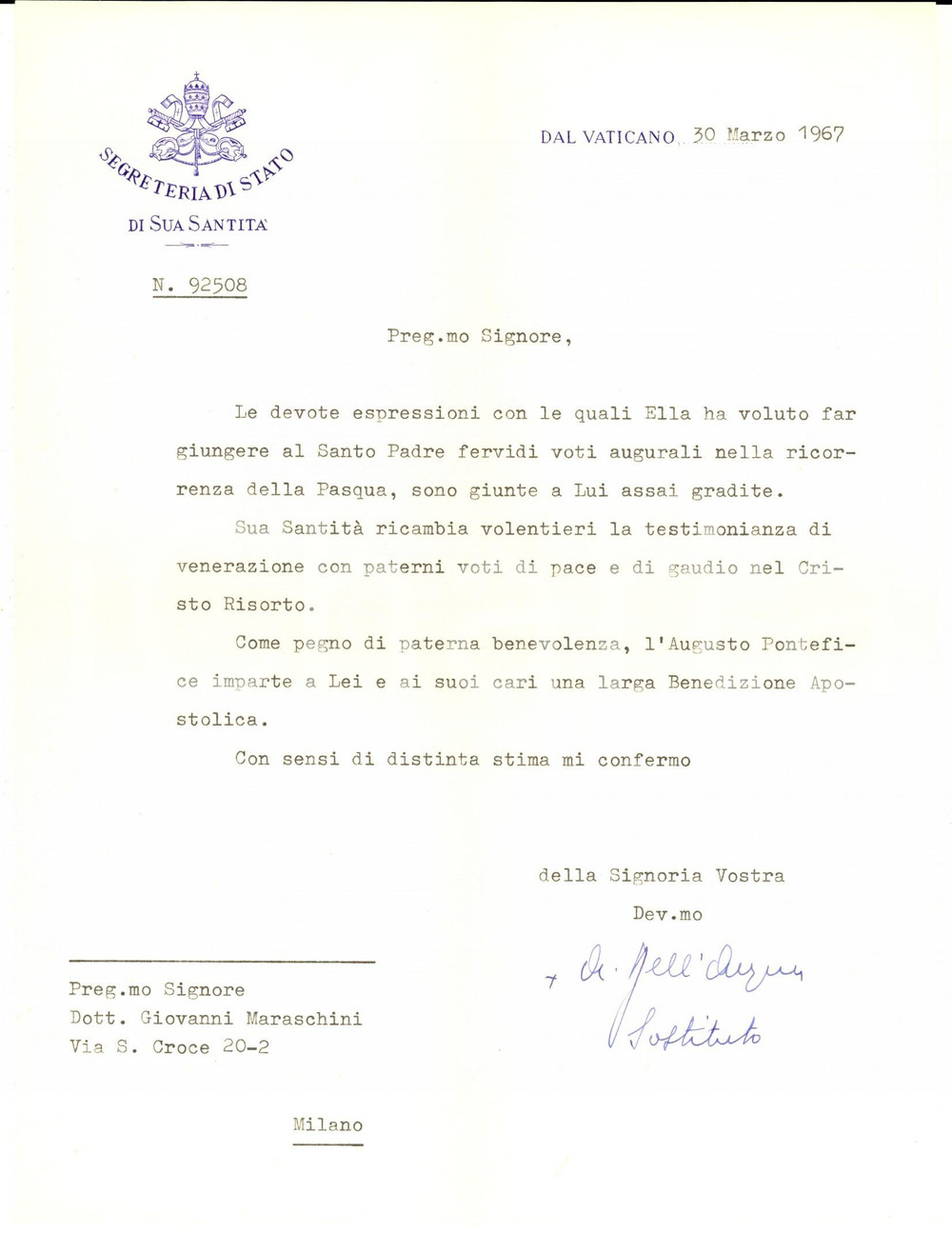1967 VATICANO Mons. Angelo DELL'ACQUA - Lettera auguri pasquali AUTOGRAFO