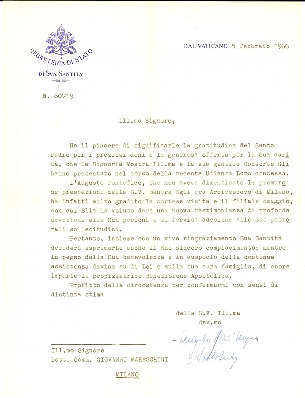 1966 VATICANO Mons. Angelo DELL'ACQUA - Lettera ringraziamento AUTOGRAFO
