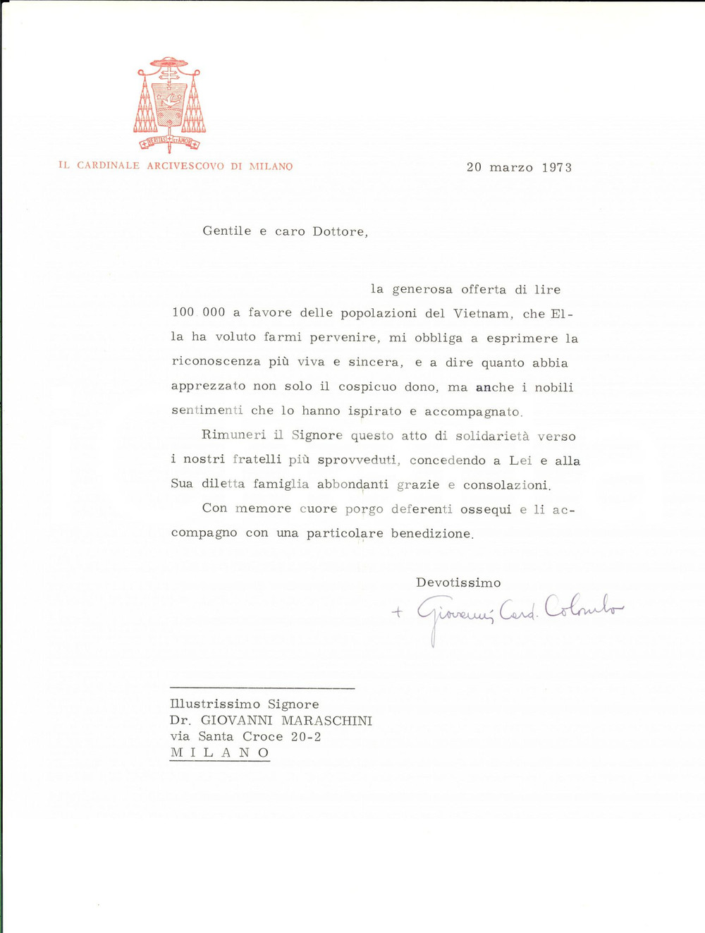 1973 MILANO Arcivescovo Giovanni COLOMBO - Lettera ringraziamento AUTOGRAFO