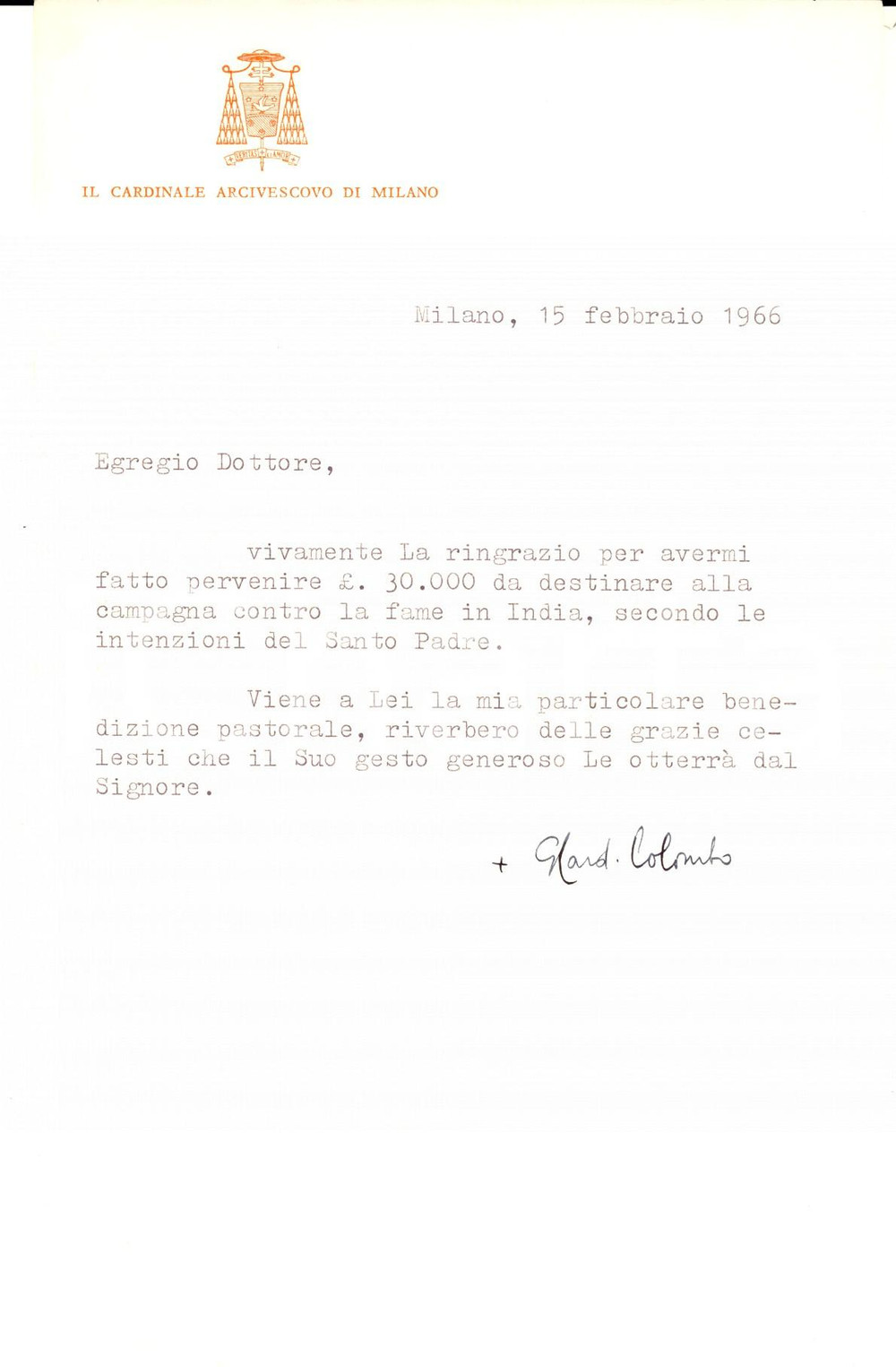 1966 MILANO Arcivescovo Giovanni COLOMBO - Lettera ringraziamento AUTOGRAFO