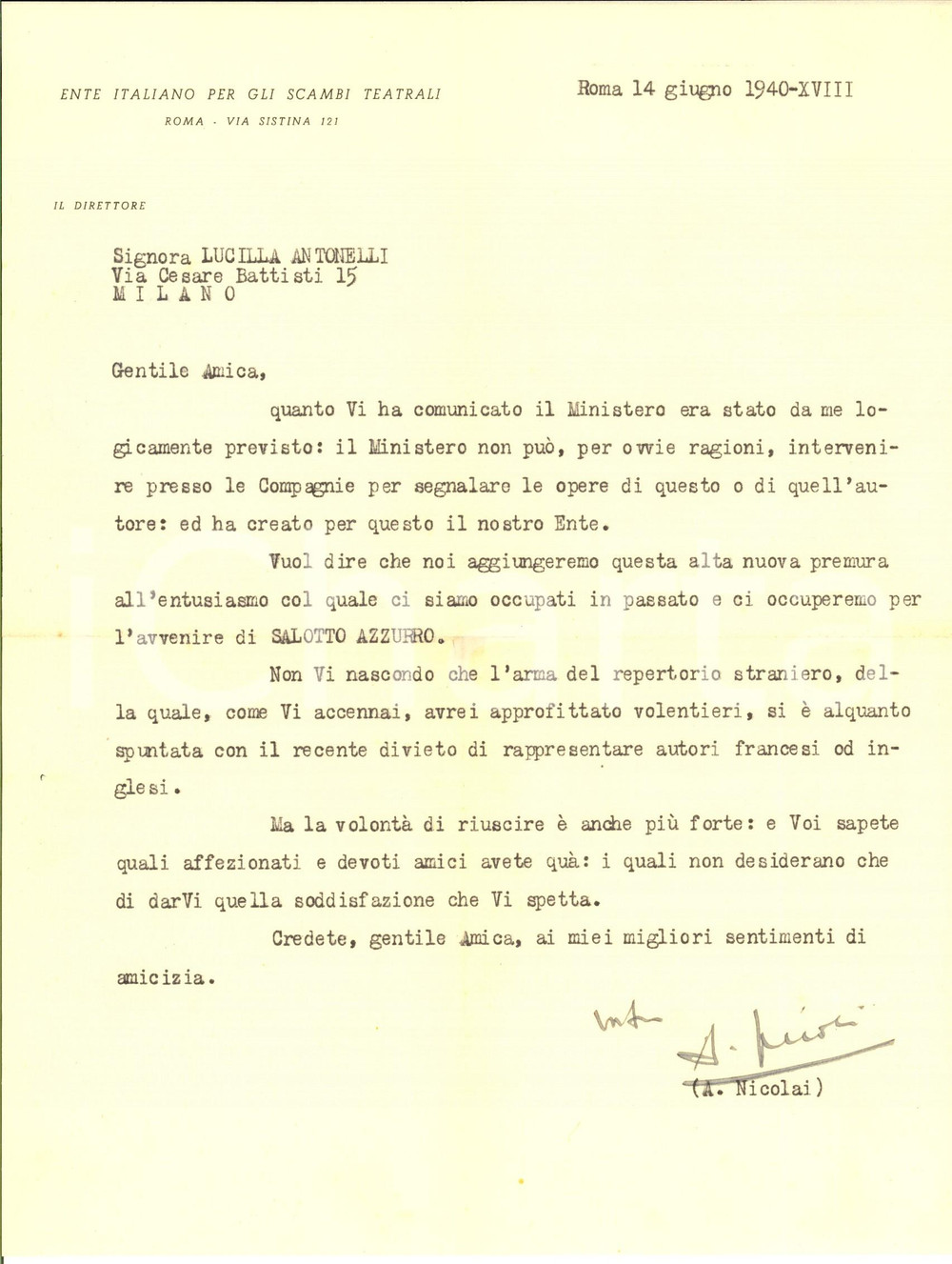 1940 ROMA TEATRO Lettera Adolfo NICOLAI a Lucilla ANTONELLI ^AUTOGRAFO