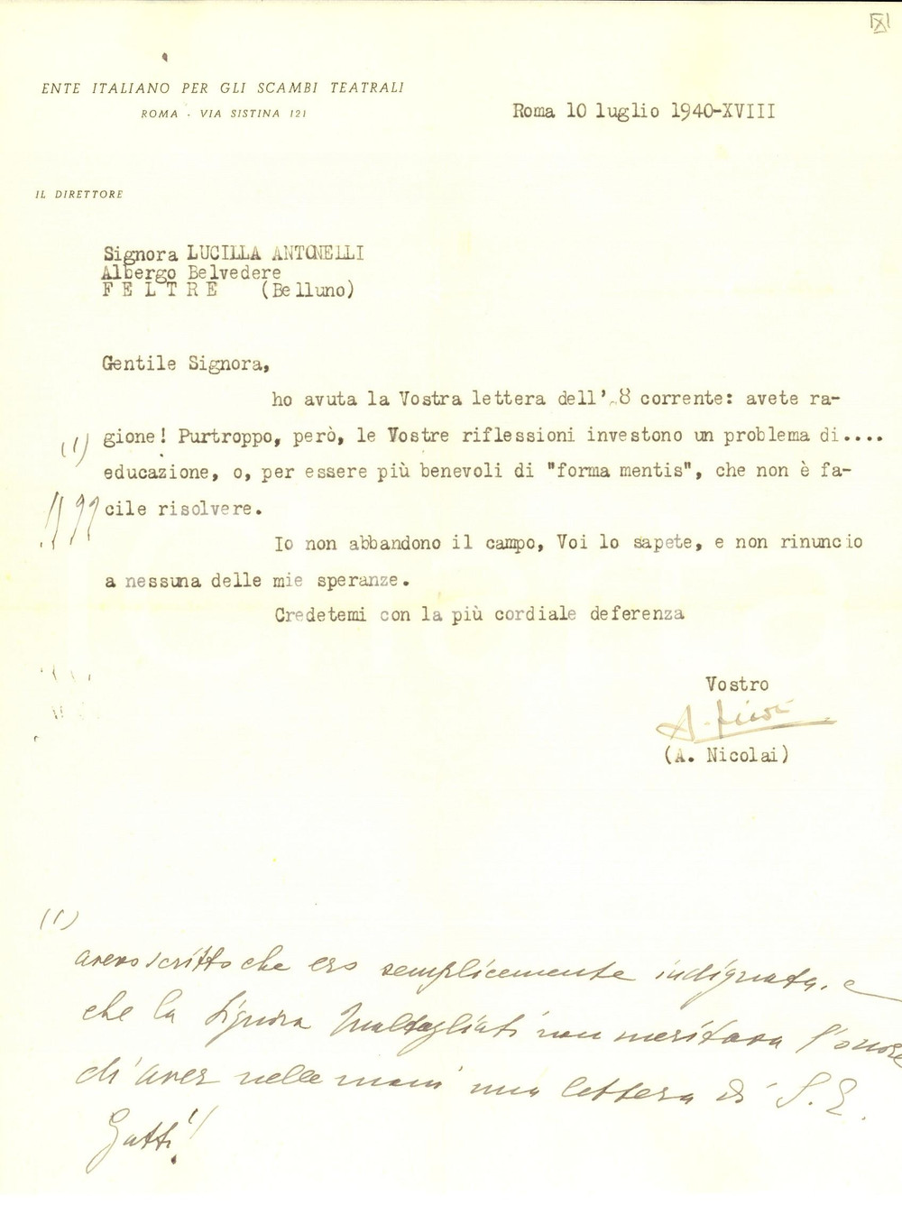 1940 ROMA TEATRO Adolfo NICOLAI alla scrittrice Lucilla ANTONELLI - AUTOGRAFI