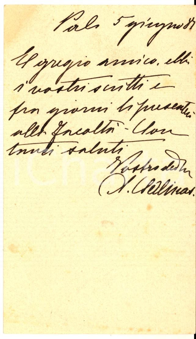Autografo originale 1881 PALERMO Archeologo Antonio SALINAS riceve scritti  Cartolina con AUTOGRAFO 1