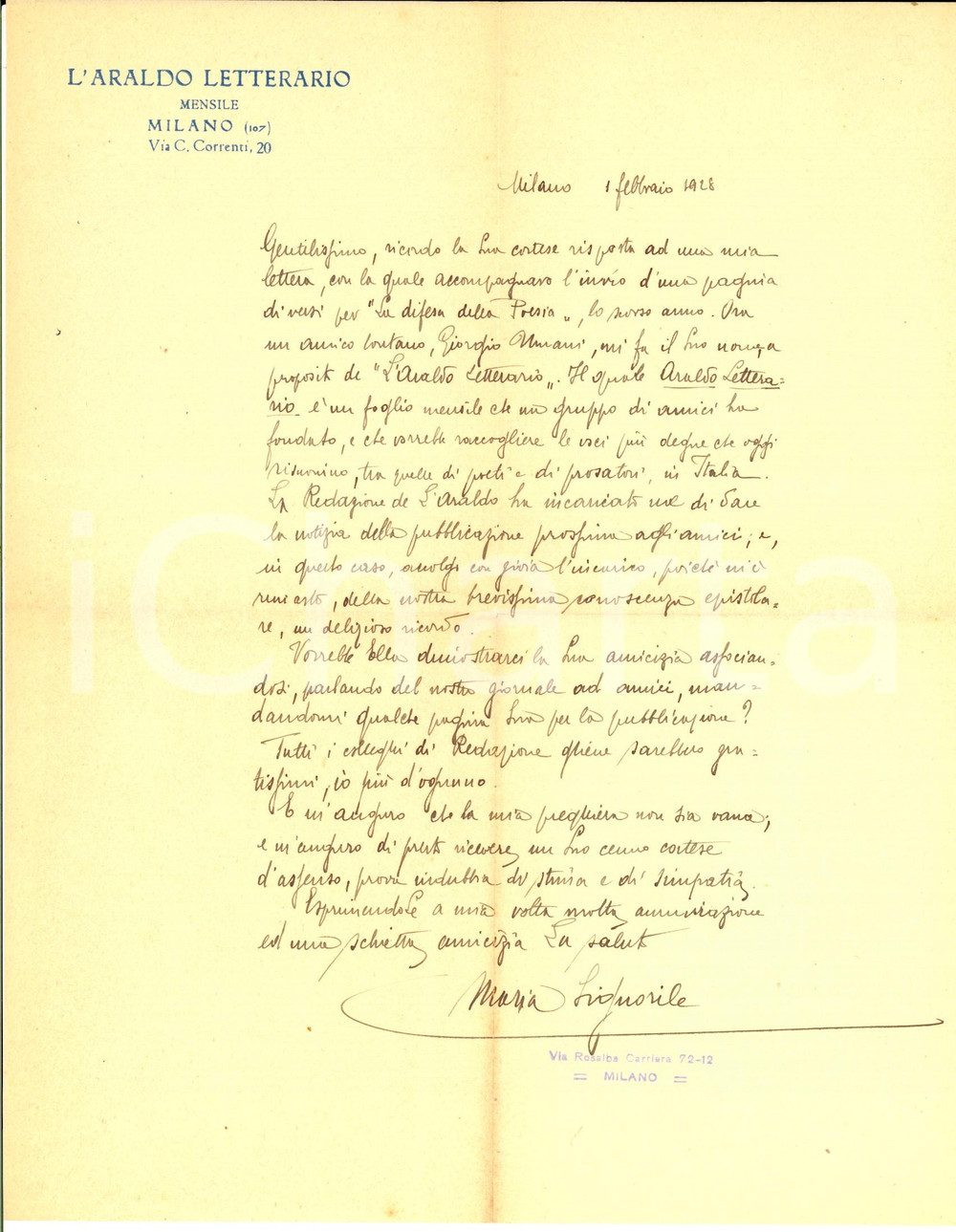 1928 MILANO Maria SIGNORILE sul progetto de "L'Araldo Letterario" - AUTOGRAFO