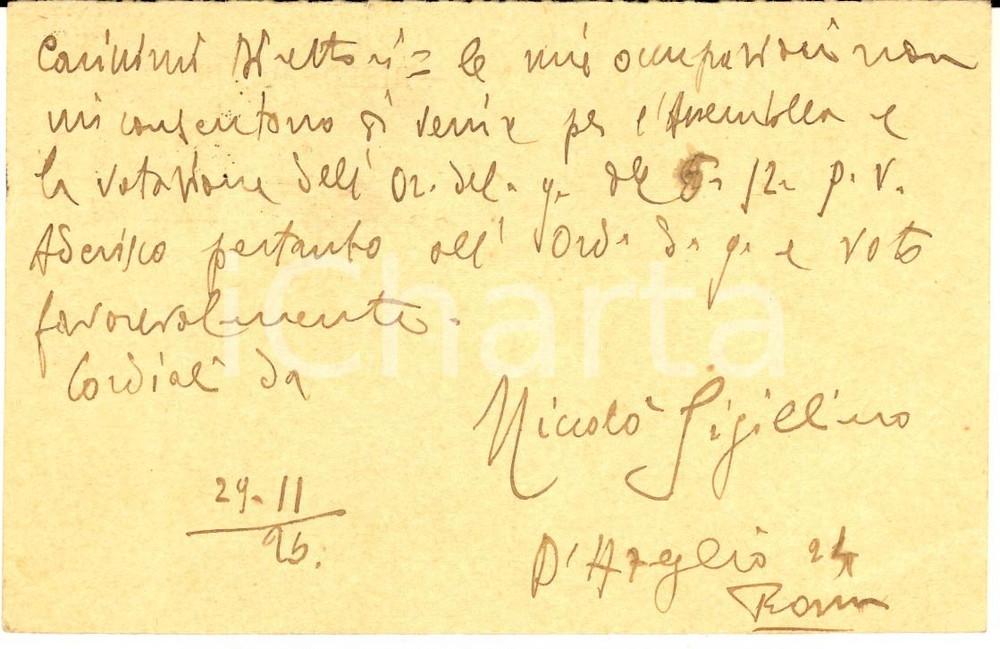 1926 ROMA Niccolò SIGILLINO invia voto per assemblea - AUTOGRAFO