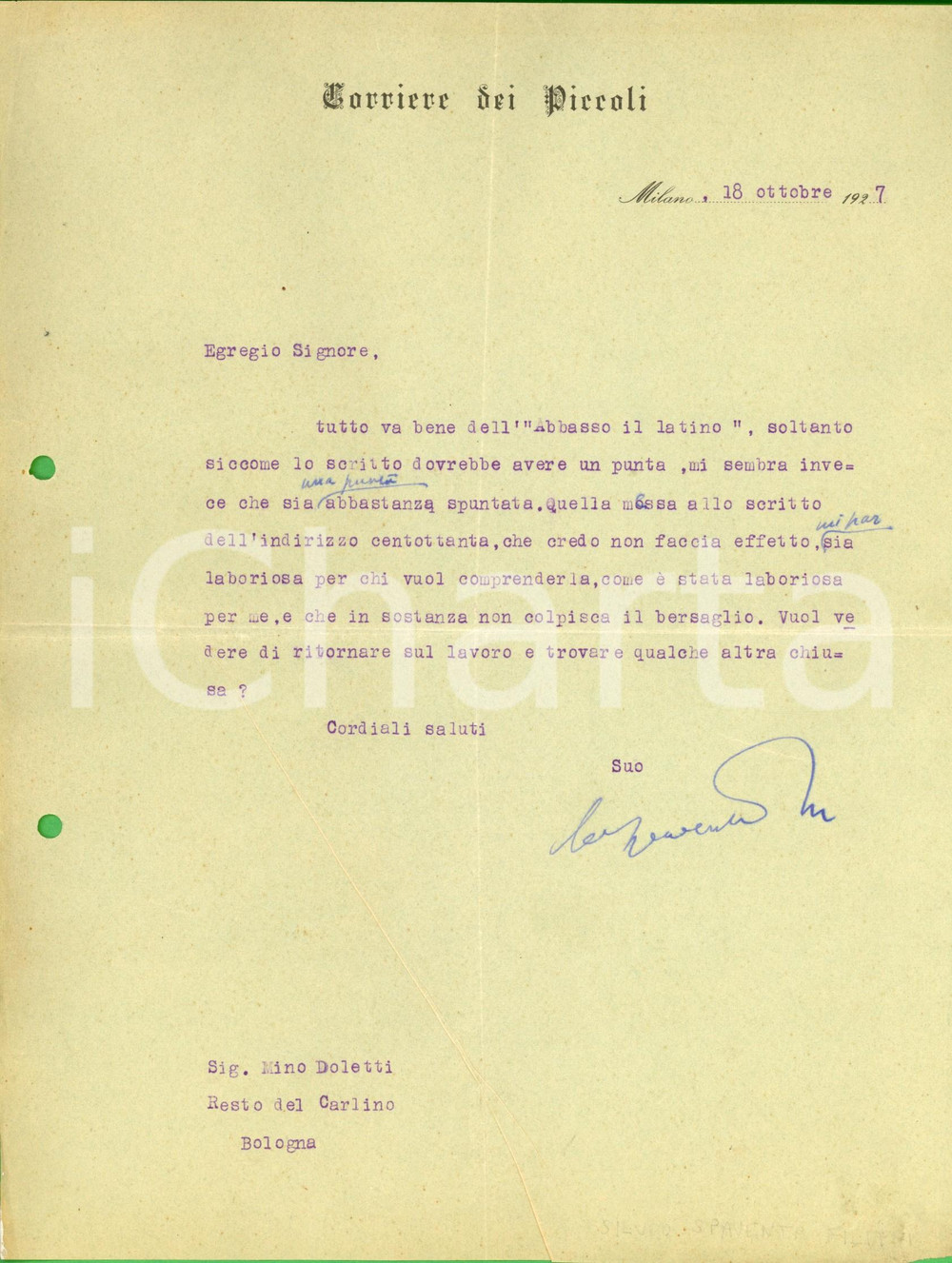 1927 MILANO Lettera Silvio SPAVENTA FILIPPI a un giornalista - AUTOGRAFO