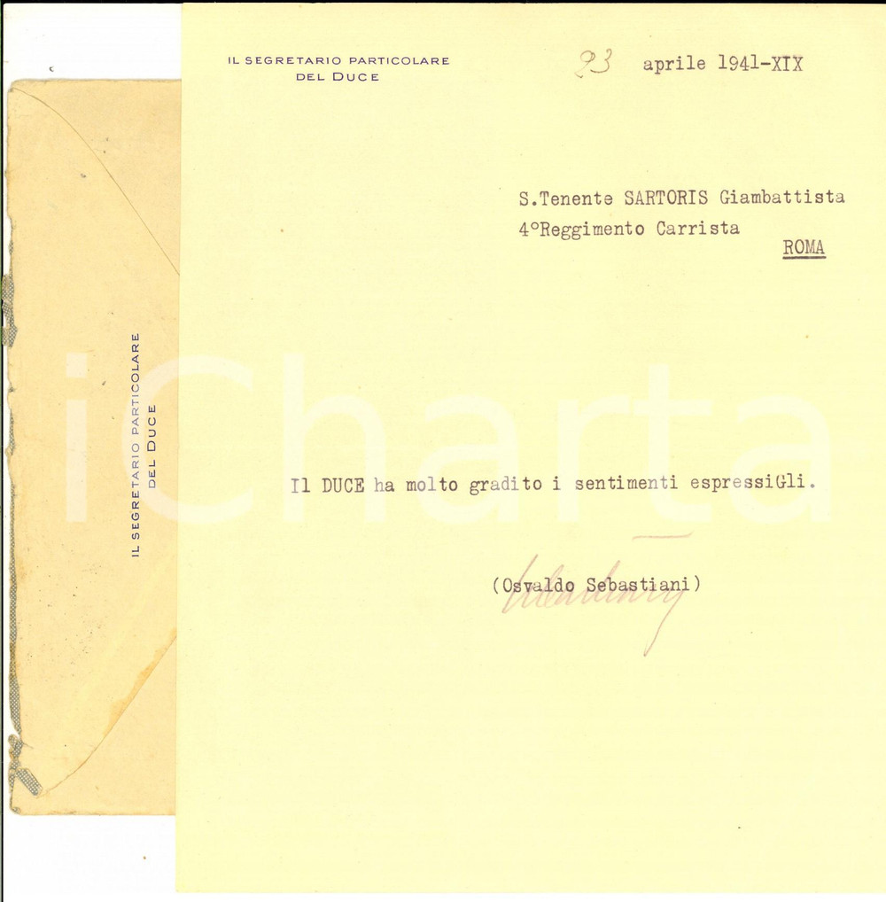 1941 ROMA Osvaldo SEBASTIANI Segretario particolare del Duce - Lettera AUTOGRAFO