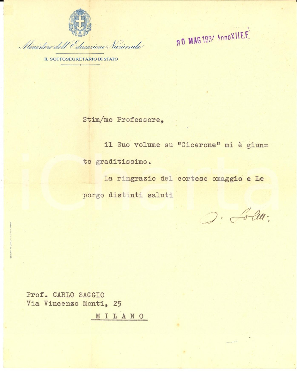 1934 ROMA Arrigo SOLMI - Lettera di ringraziamento per libro - AUTOGRAFO