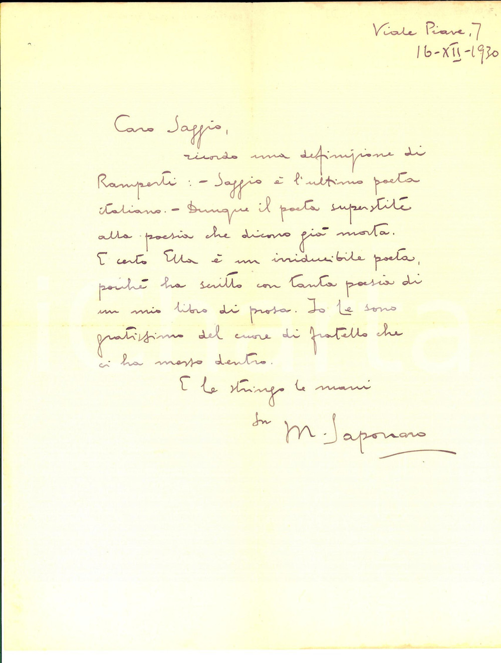 1927 MILANO Michele SAPONARO  "Carlo Saggio ultimo poeta" - AUTOGRAFO