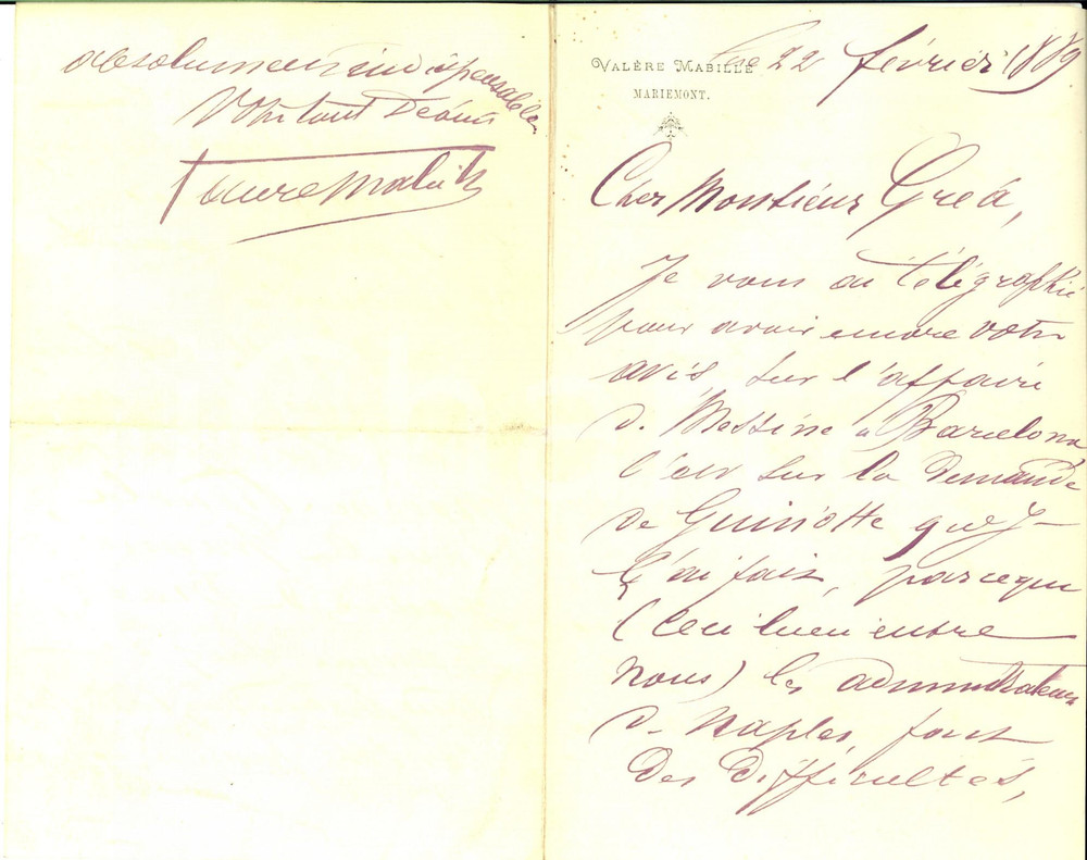 1889 MARIEMONT Lettre Valérie MABILLE pour conseil à un ami - AUTOGRAPHE