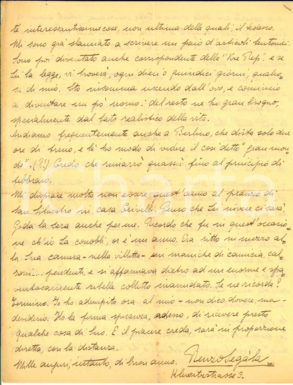 1924 MAGDEBURGO Lettera Renzo SEGALA - "La città è orrenda" - AUTOGRAFO
