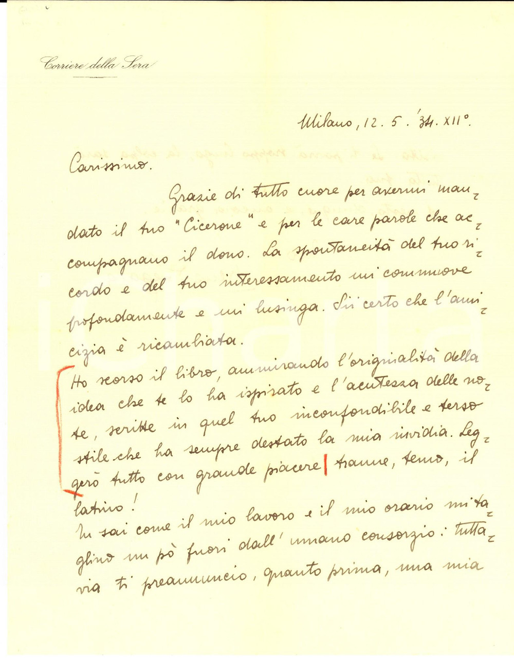 1934 MILANO Giornalista Renzo SEGALA ringrazia per un libro - AUTOGRAFO