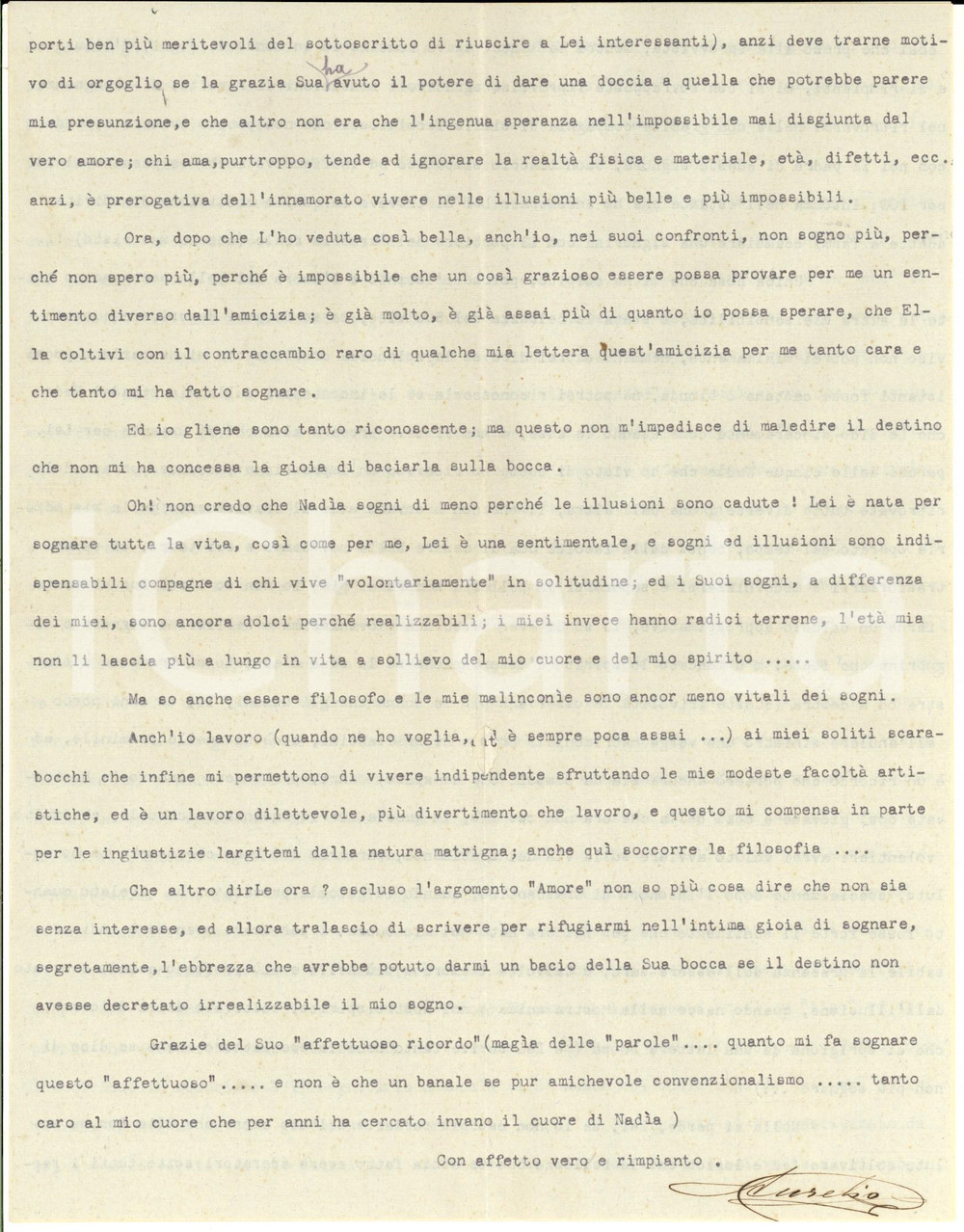 1936 BRUSASCO Aurelio BERTIGLIA - Lettera privata a Nadia BONELLI - AUTOGRAFO