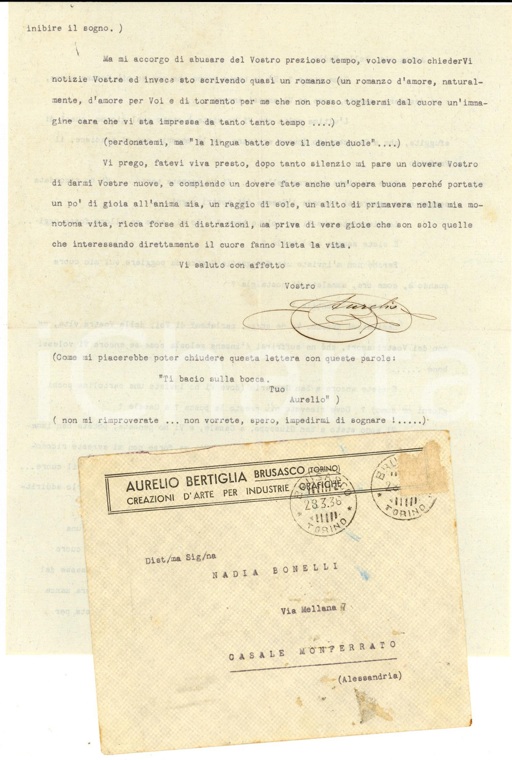1936 BRUSASCO Aurelio BERTIGLIA - Lettera privata a Nadia BONELLI *AUTOGRAFO