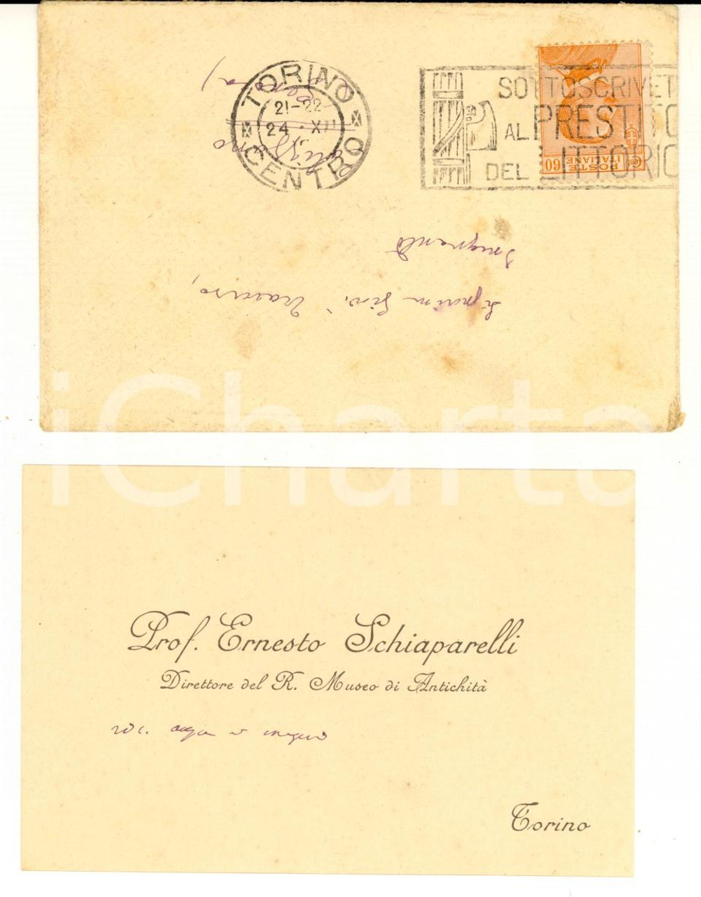 1924 TORINO Ernesto SCHIAPARELLI Direttore Museo Antichità - Biglietto AUTOGRAFO Biglietto da visita autografo, con busta viaggiata.CONDIZIONI: G   originale e autentica 1