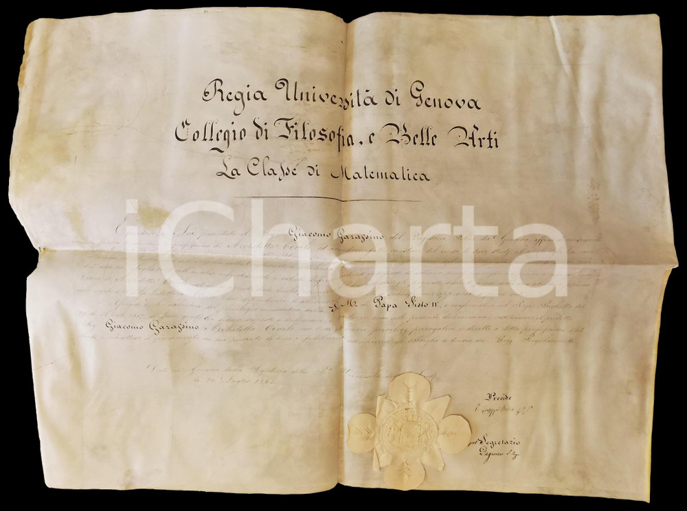 1848 Università GENOVA Laurea Giacomo GARASSINO - Architettura Civile *Pergamena