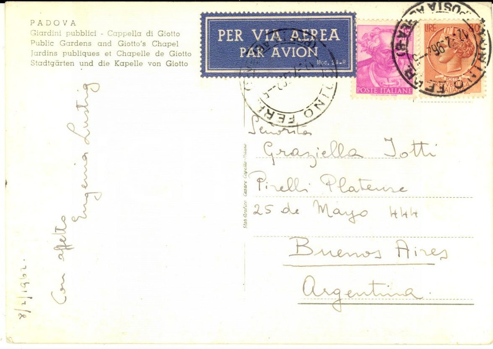 1962 PADOVA Eugenia SACERDOTE DE LUSTIG - Cartolina con messaggio AUTOGRAFO