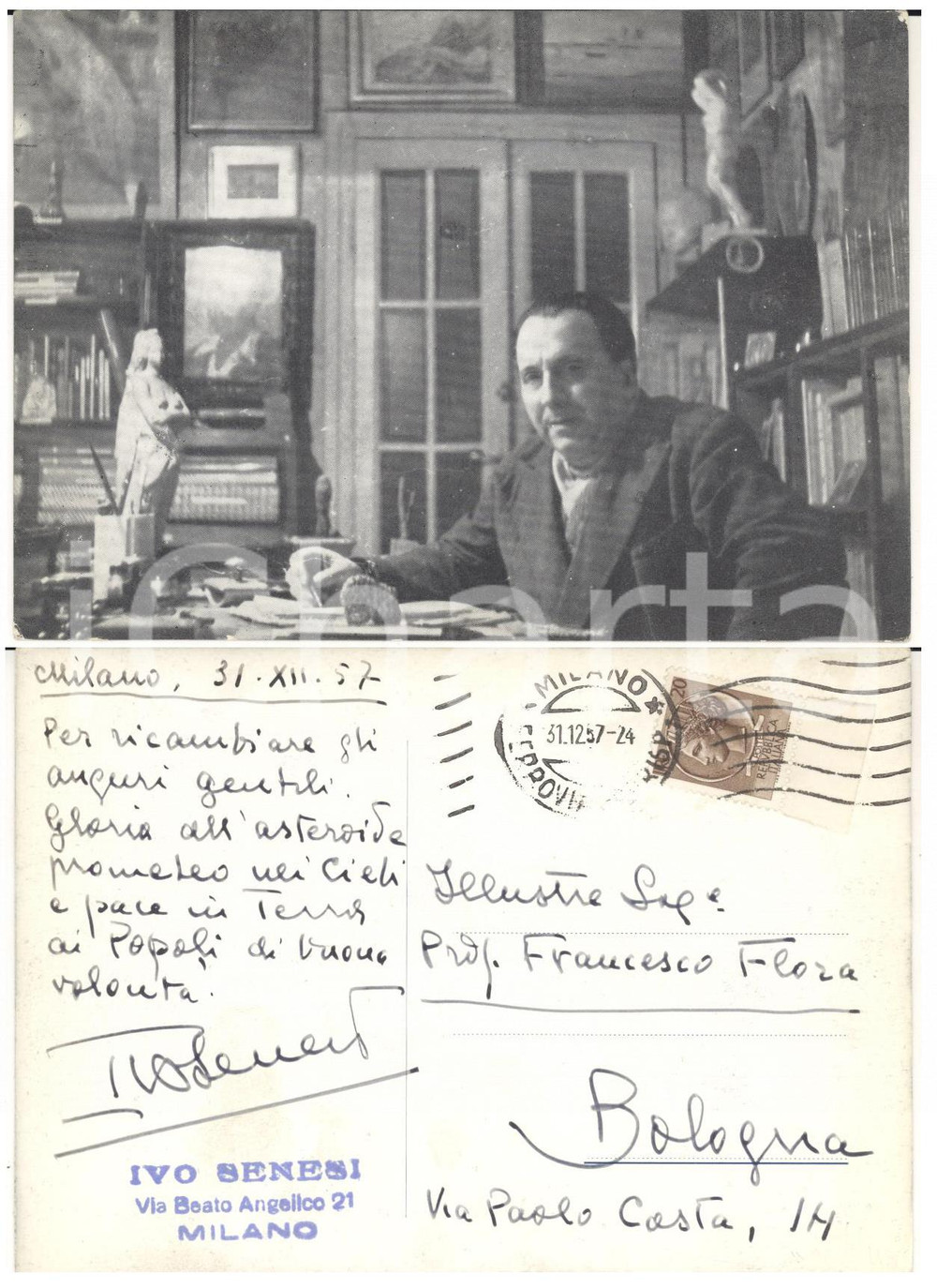 1957 MILANO Ivo SENESI "Gloria all'asteroide nei cieli" - Cartolina AUTOGRAFA