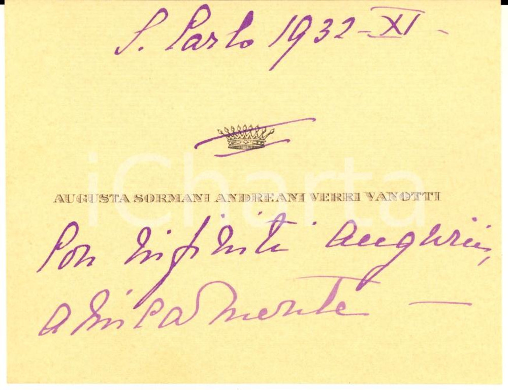 1932 LURAGO D'ERBA Augusta SORMANI ANDREANI VANOTTI - Biglietto AUTOGRAFO