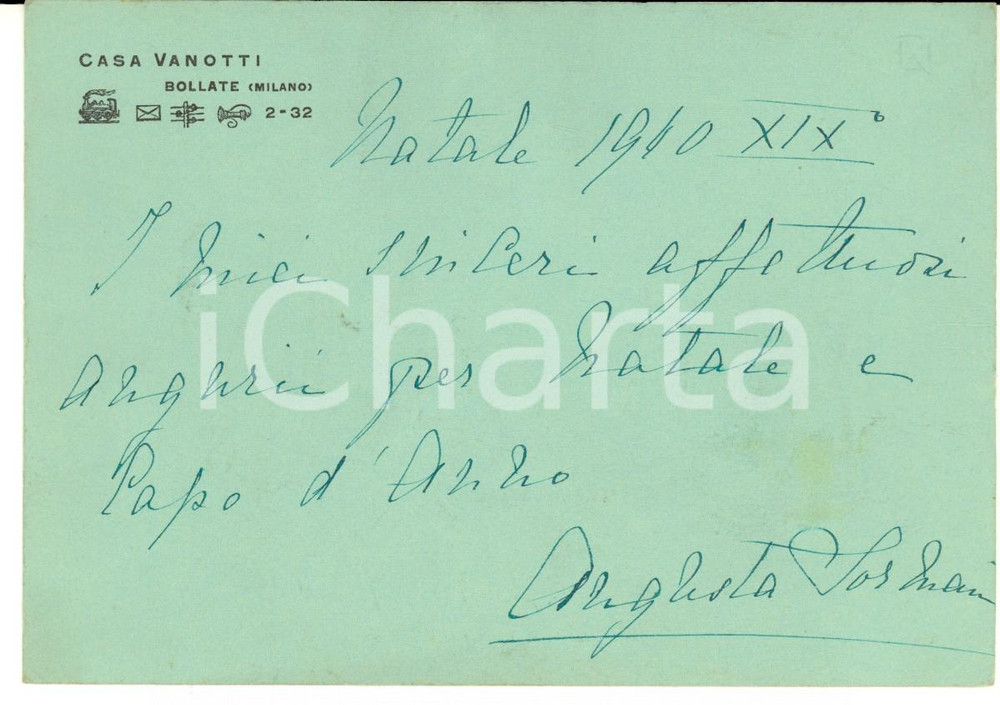 1940 BOLLATE Contessa Augusta SORMANI VANOTTI - Biglietto AUTOGRAFO