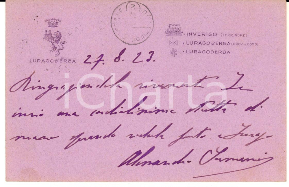 1923 LURAGO D'ERBA Conte Alessandro SORMANI ANDREANI VERRI - Biglietto AUTOGRAFO