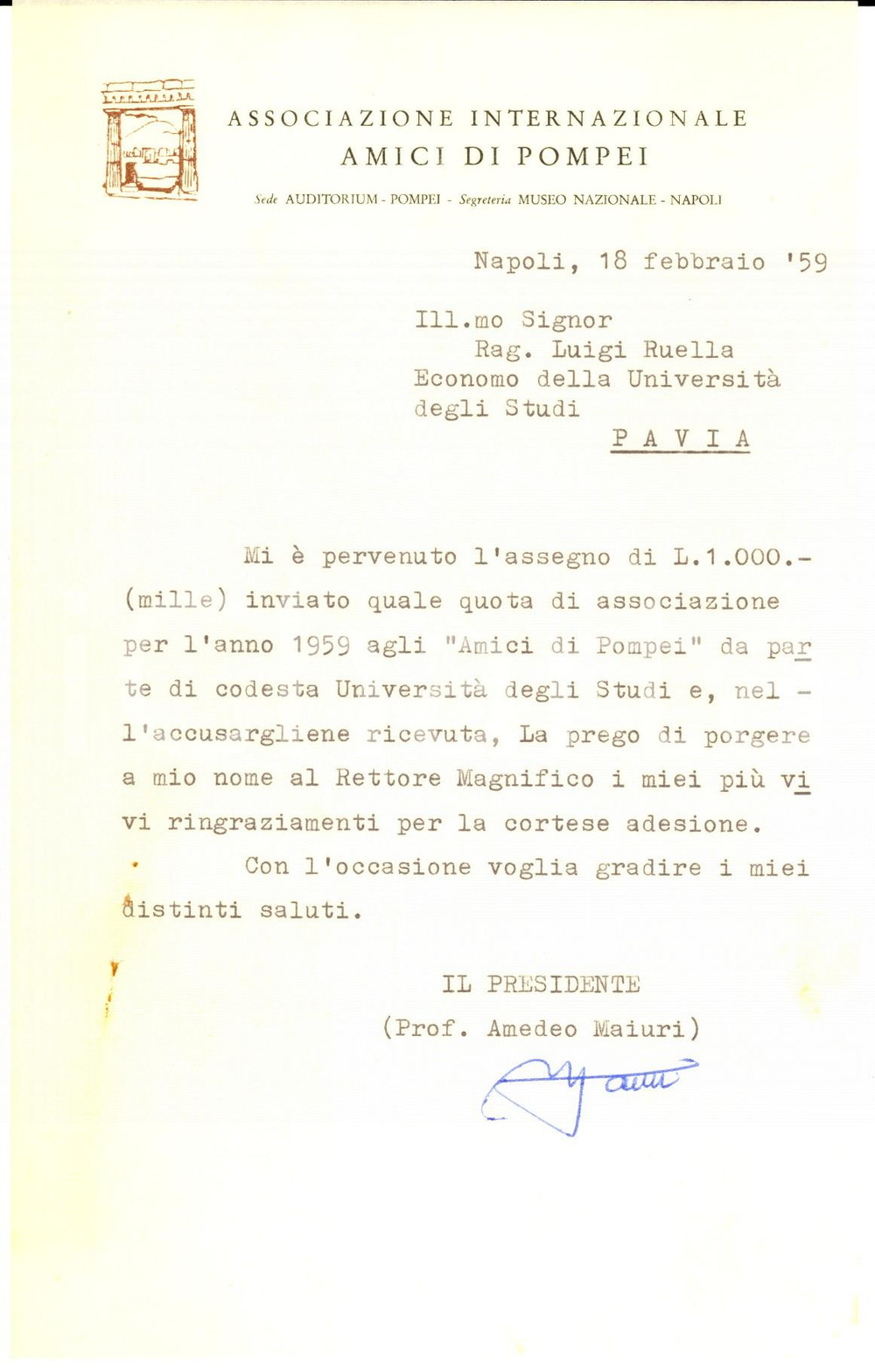 1959 NAPOLI Lettera Amedeo MAIURI per ringraziamento - AUTOGRAFO