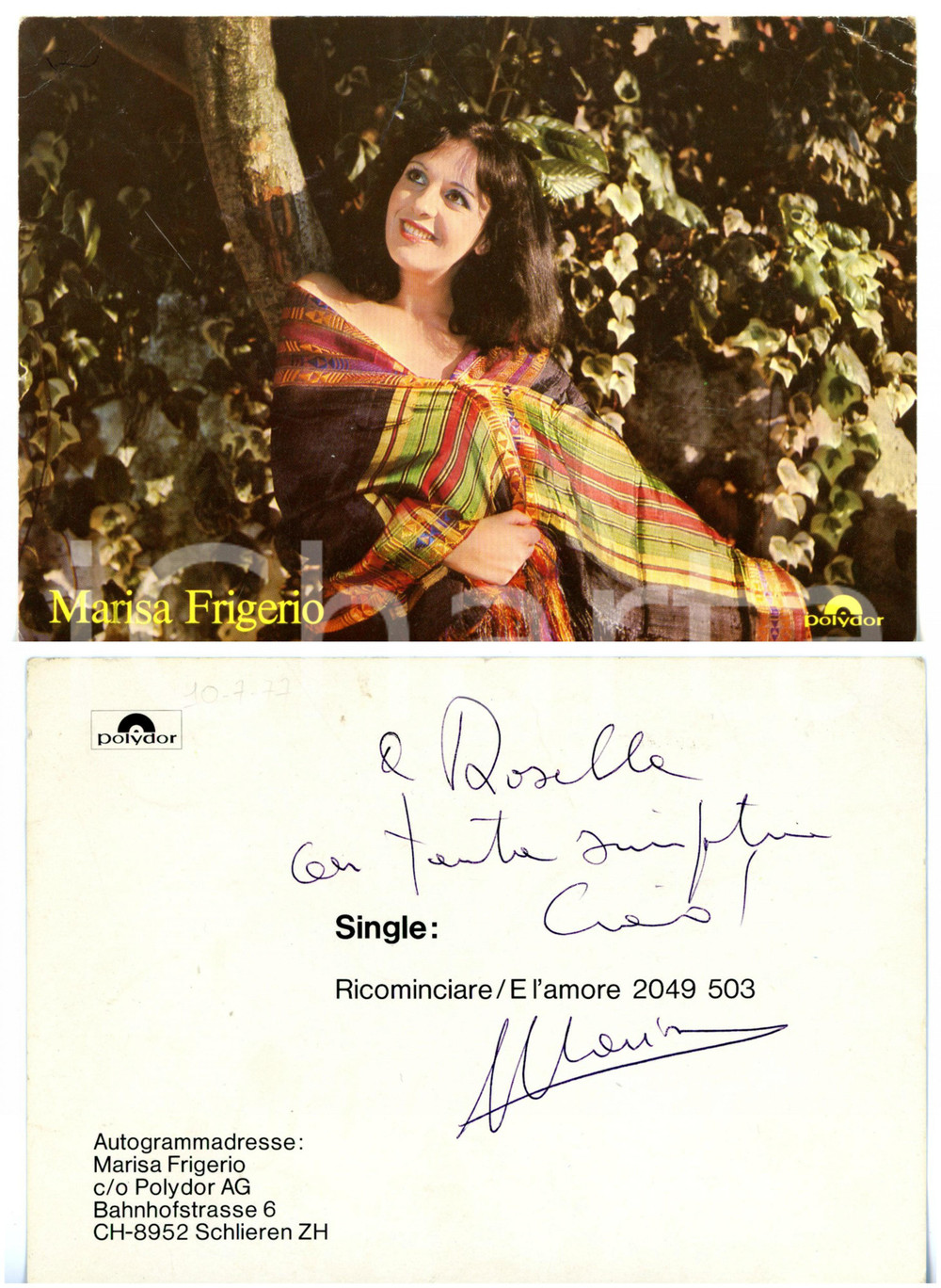 1977 MUSICA Cantante Marisa FRIGERIO - Foto seriale POLYDOR con autografo 15x10