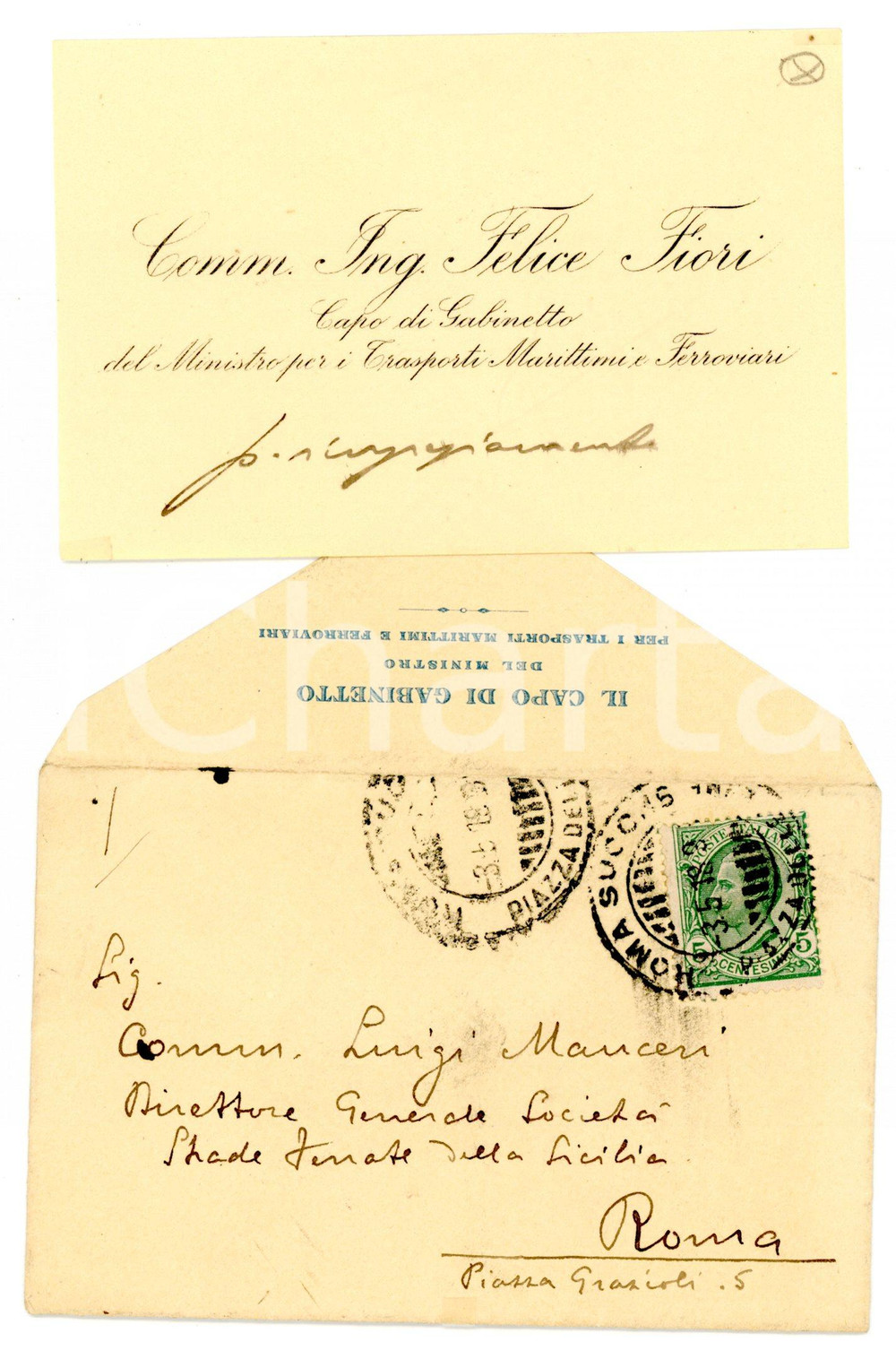 1918 ROMA FERROVIE Ing. Felice FIORI - Biglietto AUTOGRAFO con busta