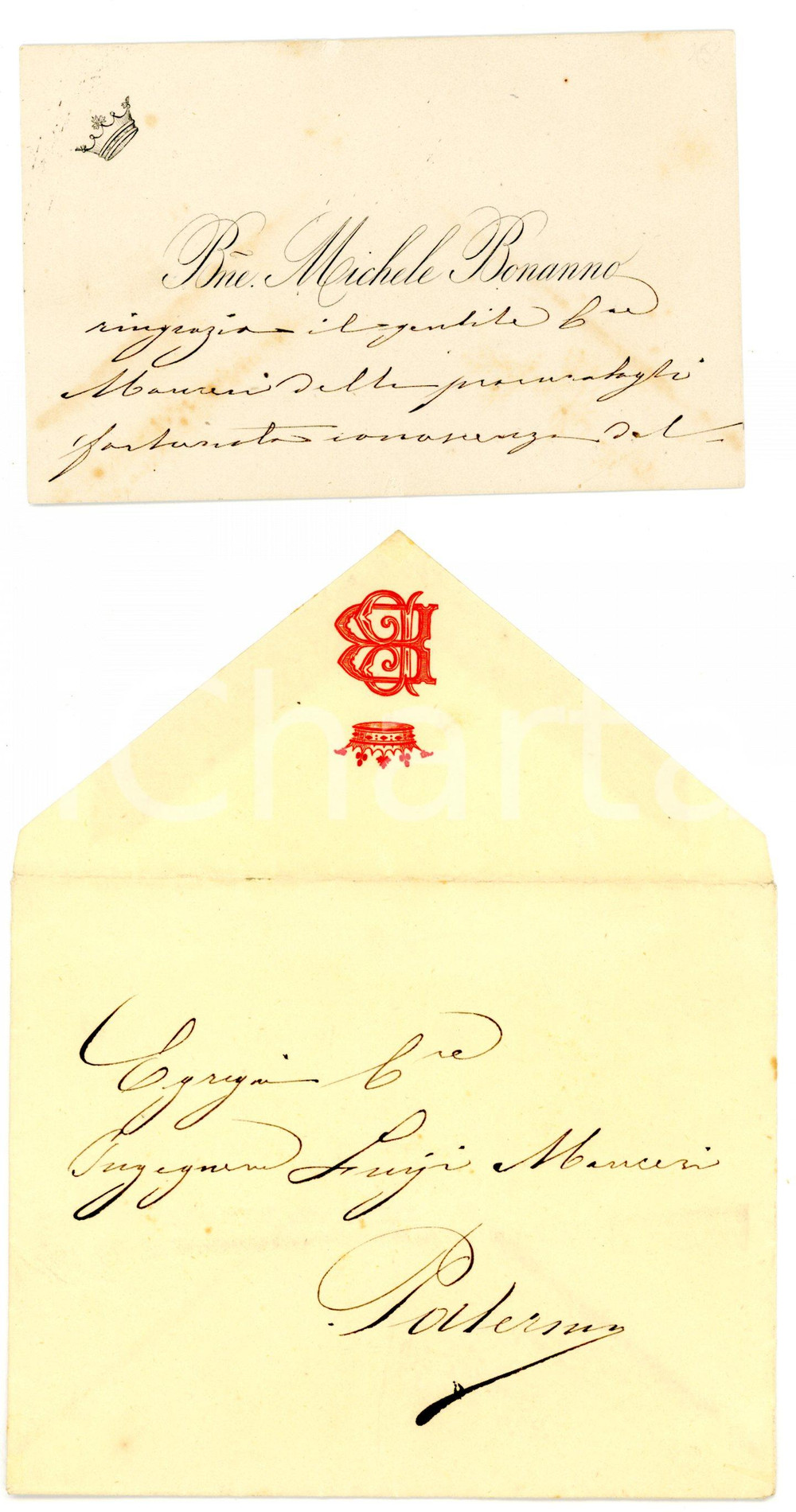 1910 ca Barone Michele BONANNO - Biglietto di ringraziamento AUTOGRAFO con busta