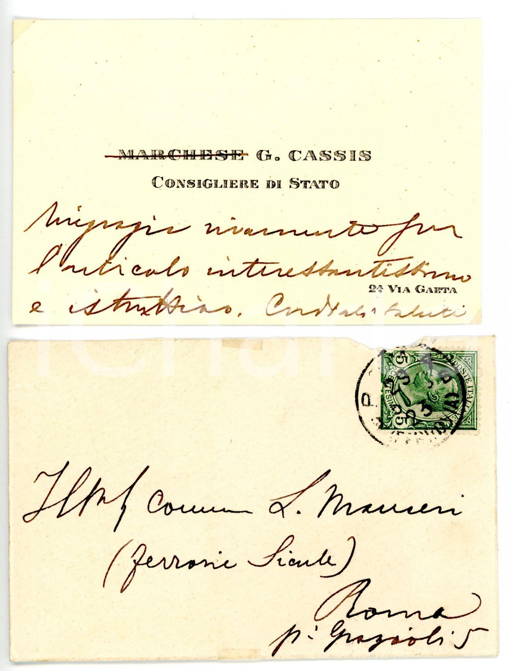 1910 ca ROMA Giovanni CASSIS Consigliere di Stato *Biglietto AUTOGRAFO con busta