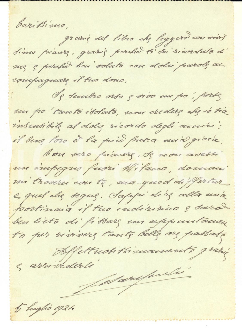 1924 MILANO Claudio Cesare SECCHI - Lettera di ringraziamento AUTOGRAFA