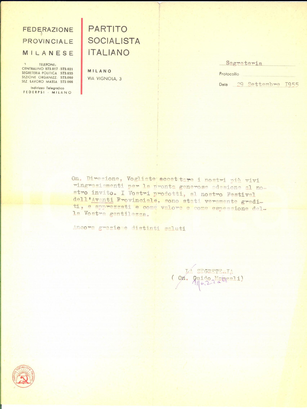 1955 MILANO PARTITO SOCIALISTA Lettera Guido MAZZALI ringraziamento *AUTOGRAFO
