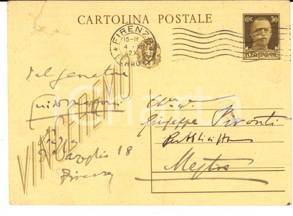 1942 FIRENZE Guido MAZZONI - Biglietto auguri a Giuseppe PIRONTI - AUTOGRAFO