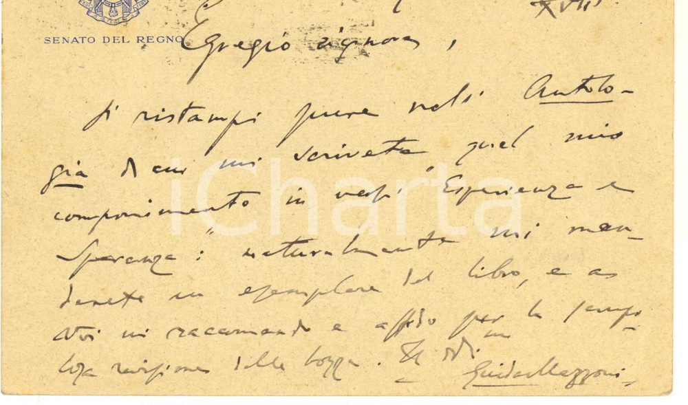 1940 FIRENZE Guido MAZZONI sulla ristampa di "Esperienza e Speranza" AUTOGRAFO