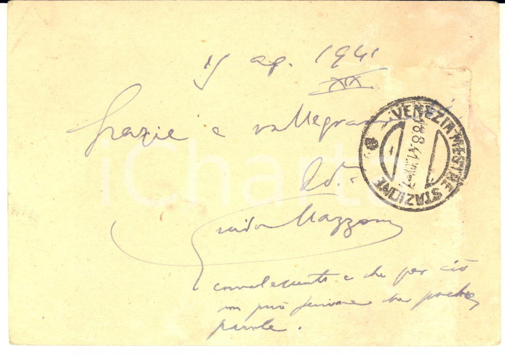 1941 FIRENZE Guido MAZZONI ringrazia Giuseppe PIRONTI - AUTOGRAFO