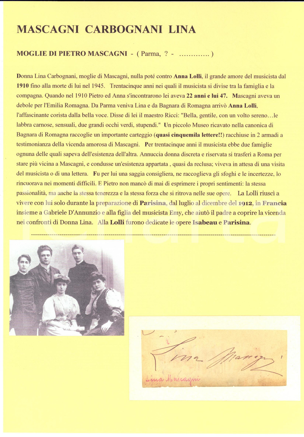 1890 ca Lina CARBOGNANI moglie di Pietro MASCAGNI  - AUTOGRAFO su frammento