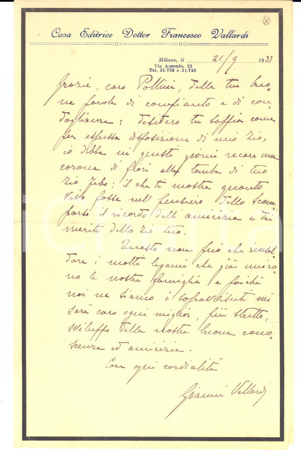 1933 MILANO Gianni VALLARDI ringrazia per messaggio condoglianze - AUTOGRAFO