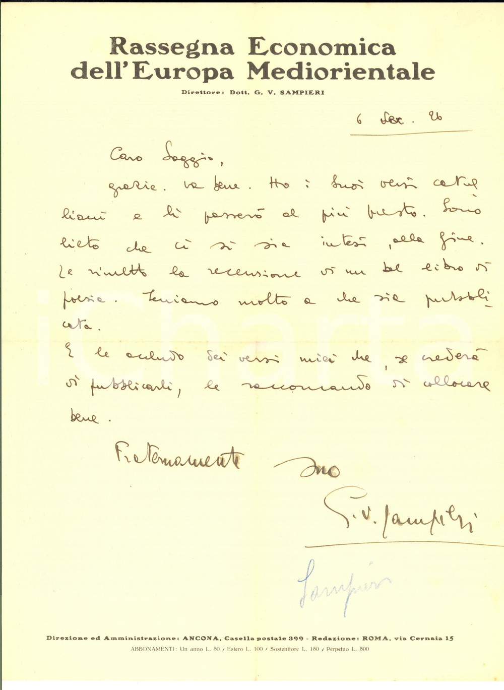 1926 ANCONA Lettera Giuseppe Vittorio SAMPIERI per libro ricevuto - AUTOGRAFO