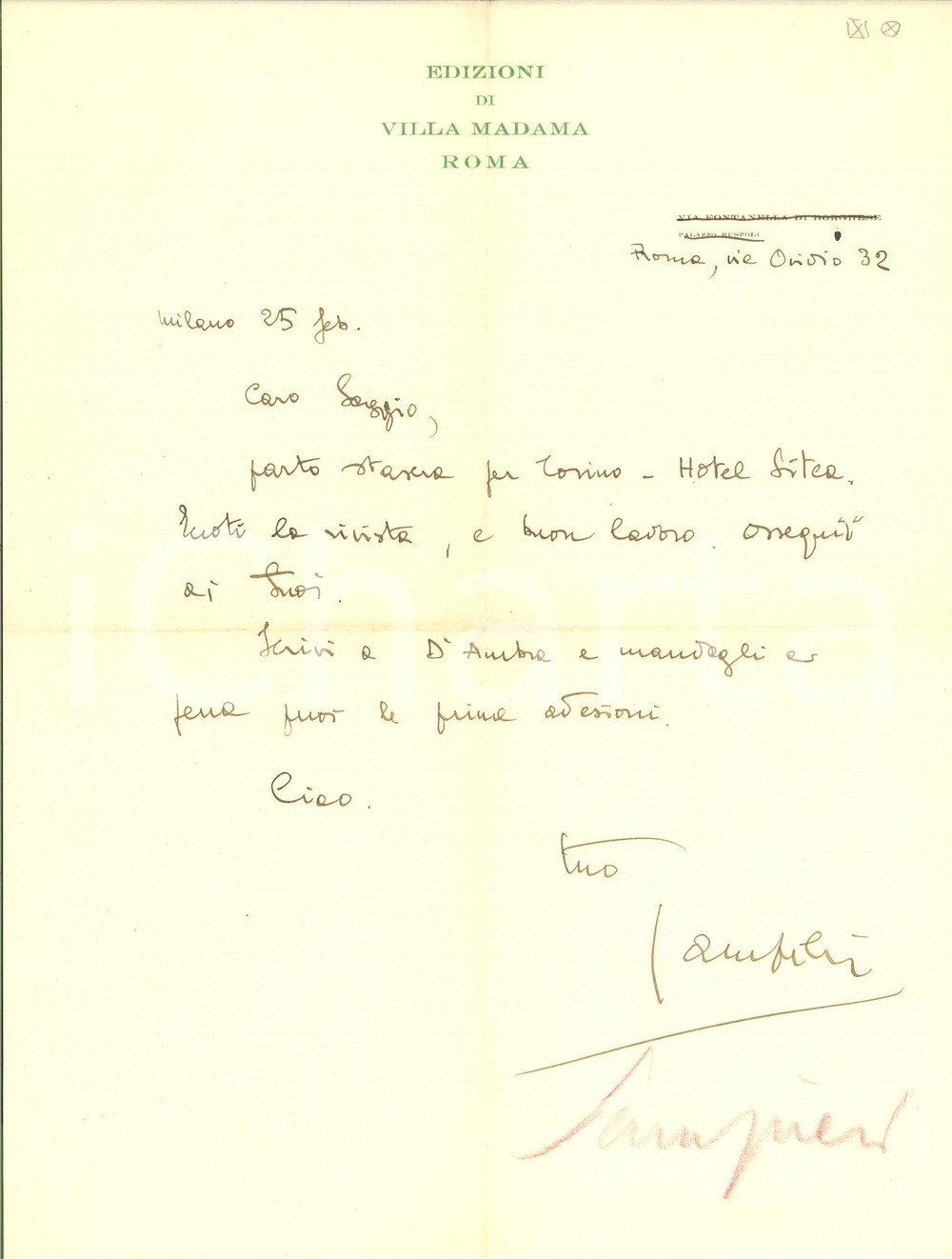 1932 ROMA Edizioni VILLA MADAMA - Lettera Giuseppe Vittorio SAMPIERI - AUTOGRAFO