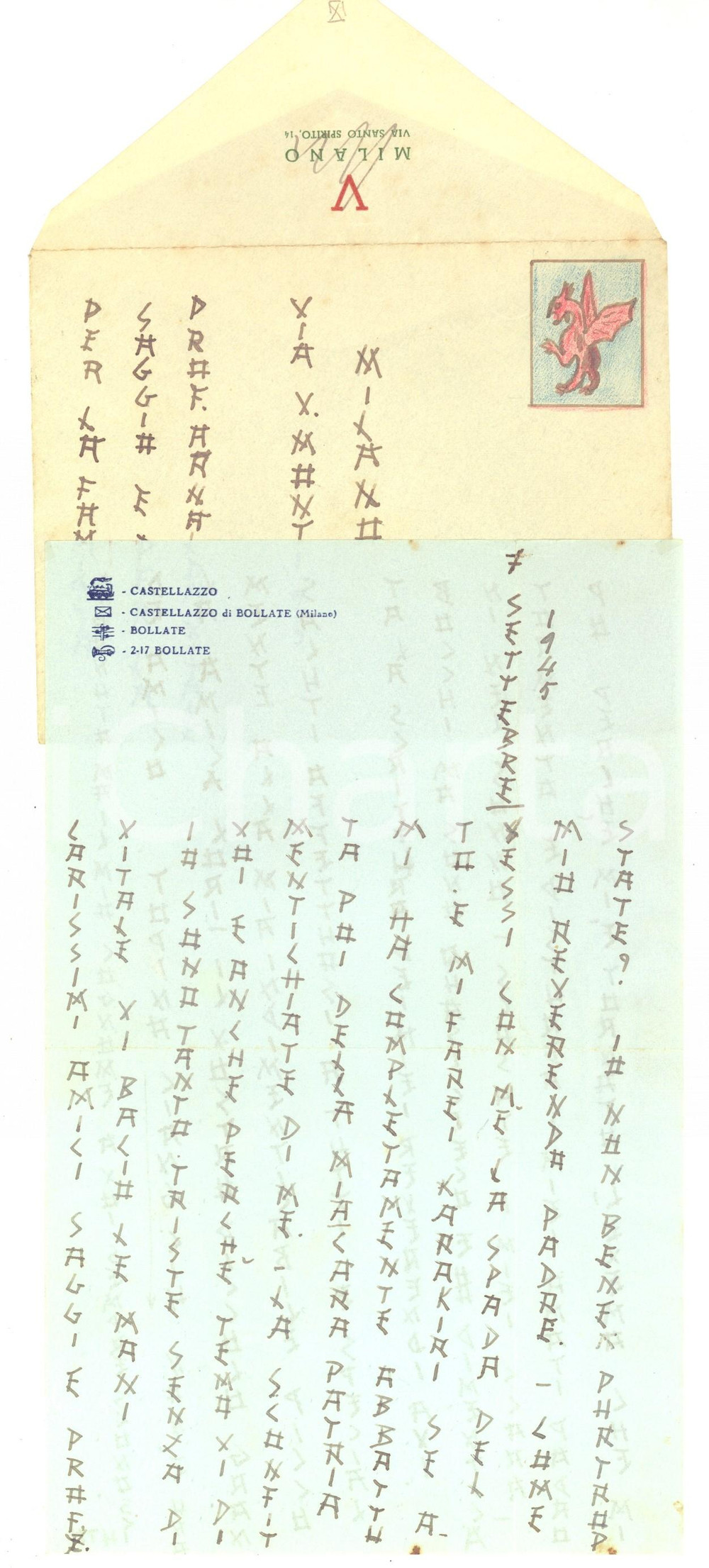 1945 CASTELLAZZO DI BOLLATE - Lettera anonima in stile giapponese - CURIOSA