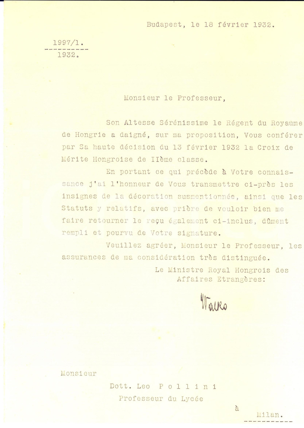 1932 BUDAPEST Lettera ministro Lajos WALKO per onorificenza - AUTOGRAFO