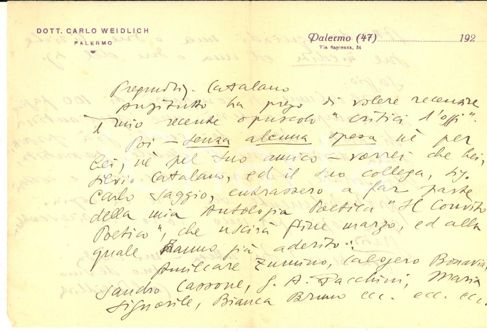 1920 ca PALERMO Carlo WEIDLICH su collaborazione al "Convito poetico" AUTOGRAFO
