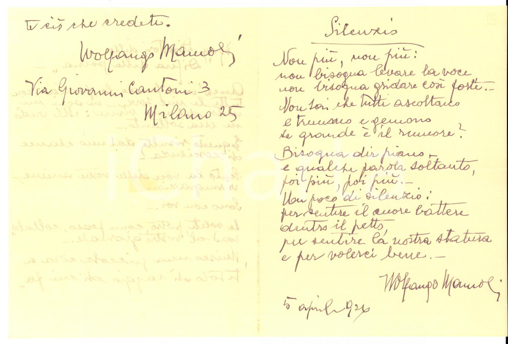 1926 MILANO Wolfango MAMOLI - Poesia "Silenzio" - Lettera AUTOGRAFA