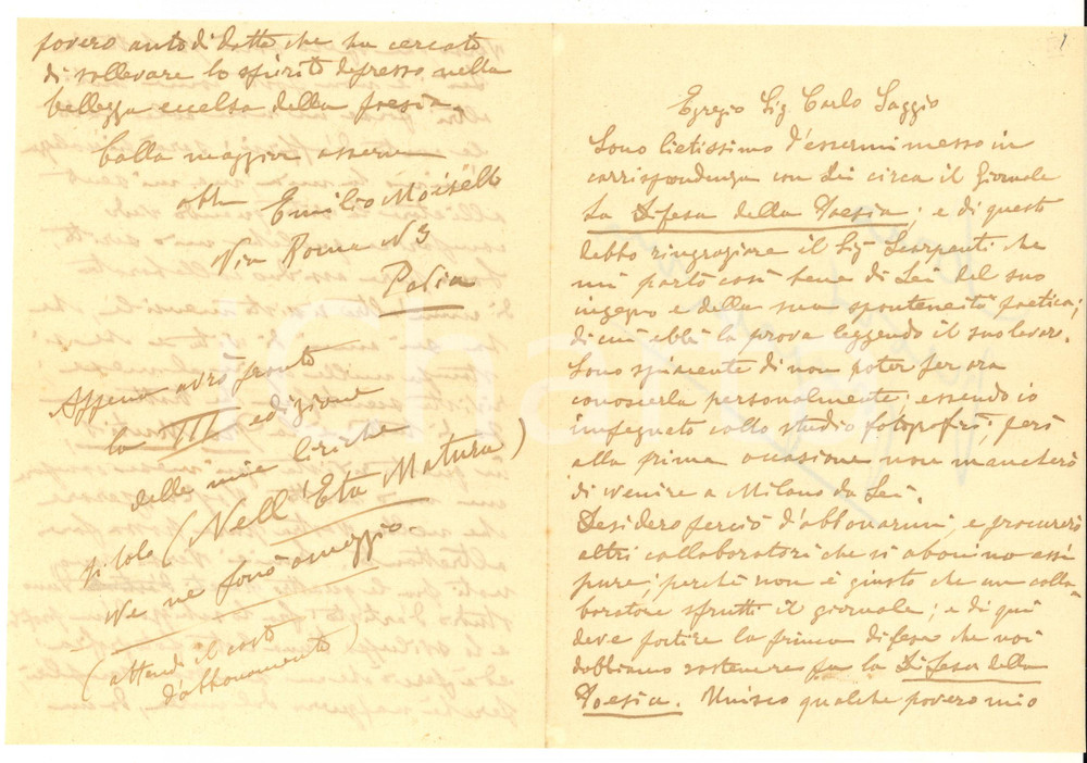 1925 ca PAVIA Emilio MOISELLO sostiene la "Difesa della poesia" AUTOGRAFO