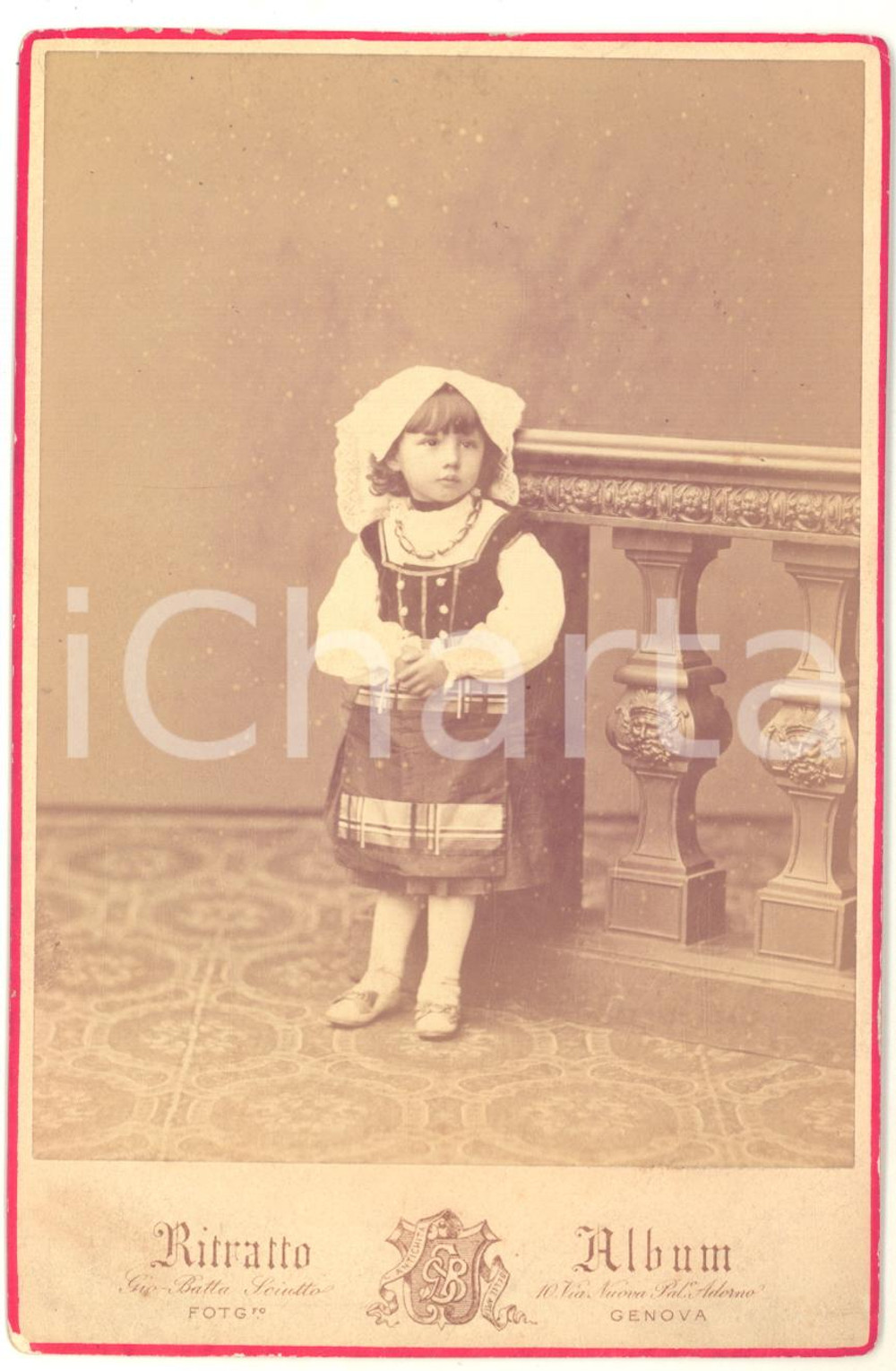 1881 GENOVA Ritratto di bambina in costume tradizionale FOTO SCIUTTO RARA 11x16