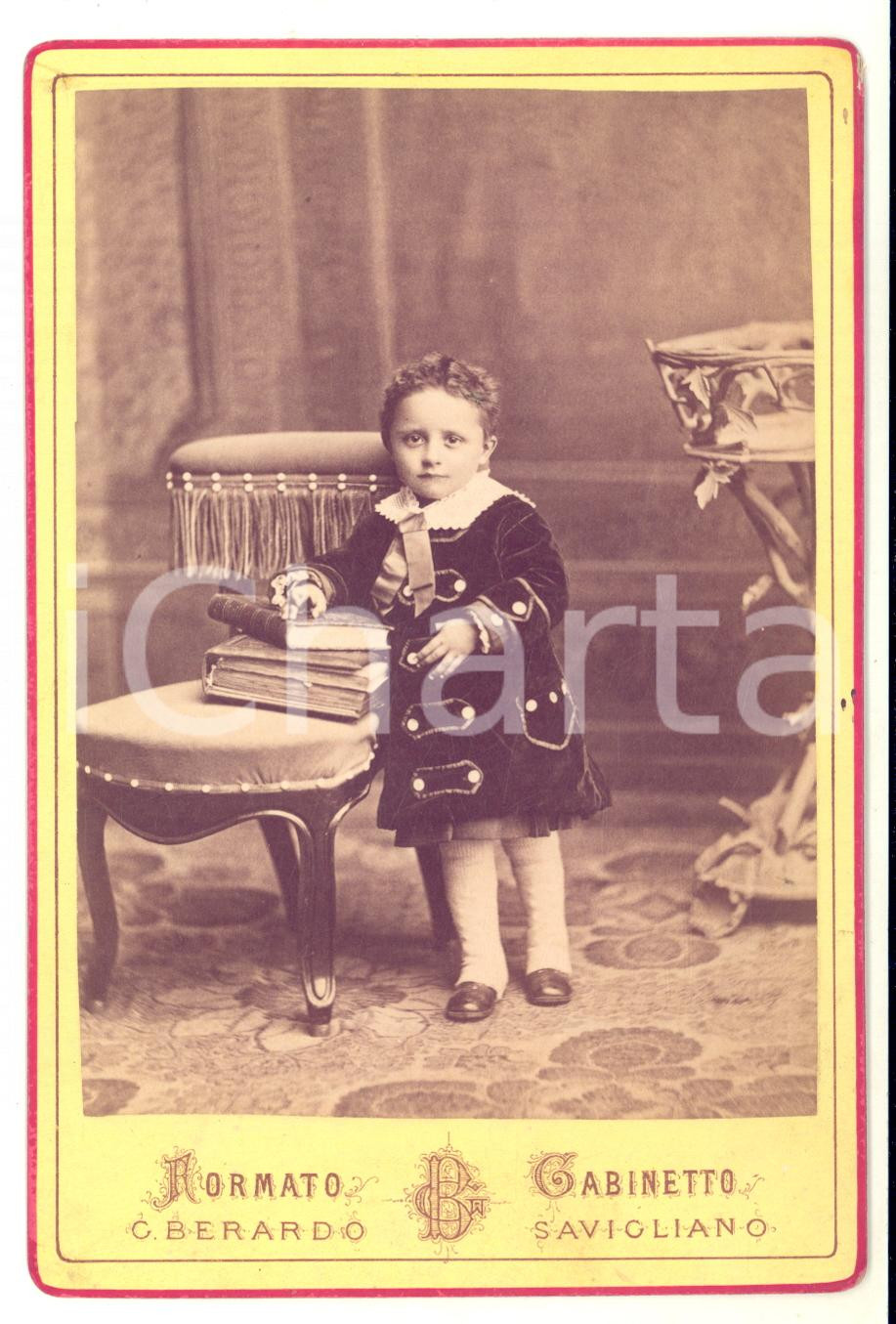 1880 ca SAVIGLIANO Ritratto di nobile bambino con i libri *Foto G. BERARDO 11x16