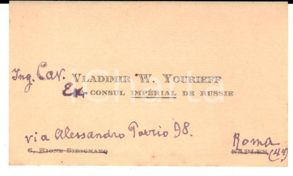 1910 ca ROMA Vladimir W. YOURIEFF  ex consul de Russie - Biglietto AUTOGRAFO