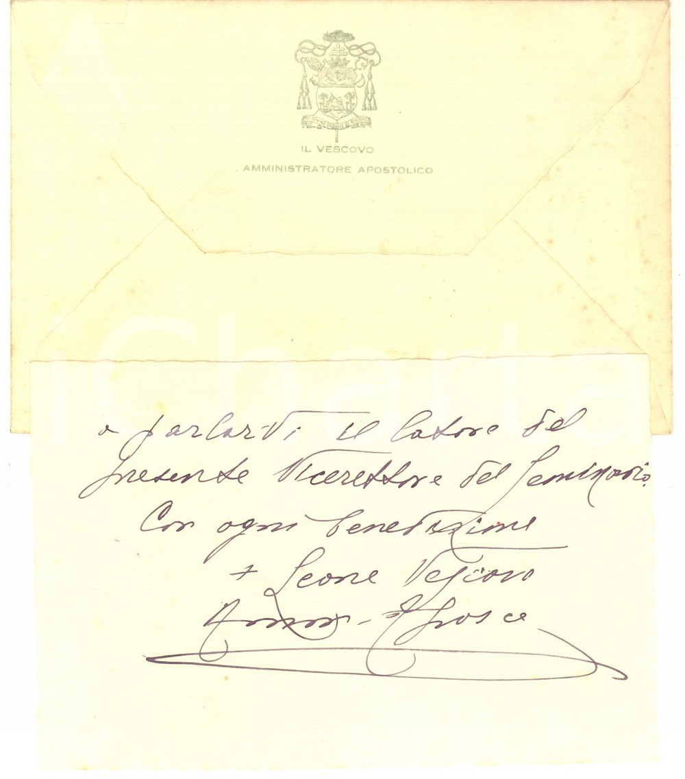 1944 NOVARA Mons. Leone Giacomo OSSOLA - Biglietto AUTOGRAFO con busta